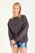 Kadın 3 İp Şardonlu Sıfır Yaka Oversize Sweatshirt Füme - 4