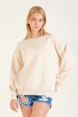 Kadın 3 İp Şardonlu Sıfır Yaka Oversize Sweatshirt Taş - 3