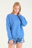 Kadın 3 İp Şardonlu Sıfır Yaka Oversize Sweatshirt Mavi - 4