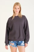 Kadın 3 İp Şardonlu Sıfır Yaka Oversize Sweatshirt Füme - 5