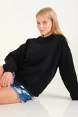 Kadın 3 İp Şardonlu Sıfır Yaka Oversize Sweatshirt Siyah - 1