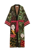Peraluna Magic Moments Jakarlı Kadın Uzun Triko Kimono - Koyu Yeşil Multi - 9