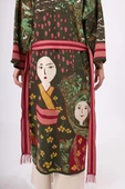 Peraluna Magic Moments Jakarlı Kadın Uzun Triko Kimono - Koyu Yeşil Multi - 7