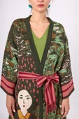 Peraluna Magic Moments Jakarlı Kadın Uzun Triko Kimono - Koyu Yeşil Multi - 4