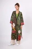 Peraluna Magic Moments Jakarlı Kadın Uzun Triko Kimono - Koyu Yeşil Multi - 1