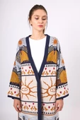 Peraluna Sweet Memories Jakarlı Kadın Uzun Triko Kimono - Lacivert Multi - 6