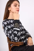 Peraluna Thelma Yaprak Jakarlı Kadın Triko Hırka - Siyah/Ekru - 7