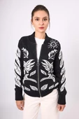 Peraluna Stardust Kadın Triko Bomber Ceket - Siyah/Ekru - 2