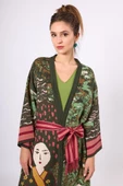 Peraluna Magic Moments Jakarlı Kadın Uzun Triko Kimono - Koyu Yeşil Multi - 3