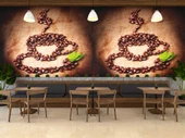 Kahve Çekirdekli Fincan Desenli Cafe Duvar Kağıdı Baskı - 3