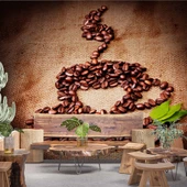 Kahve Çekirdekli Fincan Desenli Cafe Duvar Kağıdı Baskı - 1