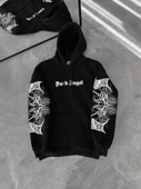 Üç İplik Kapşonlu Baskılı Oversize SweatShirt- Siyah - 1
