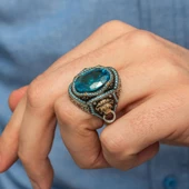 Aslan Başı Kapı Tokmak Modeli Mavi Taşlı 925 Gümüş Yüzük thumbnail 6