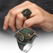 Yeşil Taşlı Dikdörtgen Tasarım 925 Gümüş Yüzük thumbnail 1