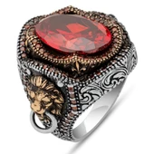 Aslan Başı Kapı Tokmak Modeli Kırmızı Taşlı 925 Gümüş Yüzük thumbnail 2
