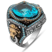 Aslan Başı Kapı Tokmak Modeli Mavi Taşlı 925 Gümüş Yüzük thumbnail 2