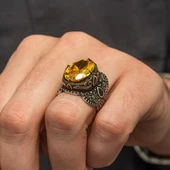 Oval Sarı Sitrin Taşlı 925 Gümüş Erkek Yüzük thumbnail 7