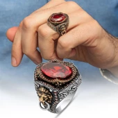 Aslan Başı Kapı Tokmak Modeli Kırmızı Taşlı 925 Gümüş Yüzük thumbnail 1