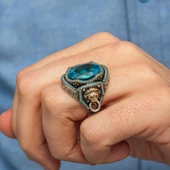 Aslan Başı Kapı Tokmak Modeli Mavi Taşlı 925 Gümüş Yüzük thumbnail 3