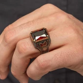 Kırmızı Taşlı 925 Gümüş Erkek Yüzük - 5