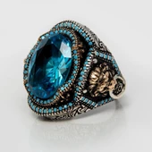 Aslan Başı Kapı Tokmak Modeli Mavi Taşlı 925 Gümüş Yüzük thumbnail 5