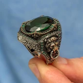 Aslan Başı Kapı Tokmak Modeli Yeşil Taşlı 925 Gümüş Yüzük thumbnail 7