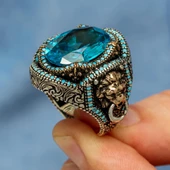 Aslan Başı Kapı Tokmak Modeli Mavi Taşlı 925 Gümüş Yüzük thumbnail 8