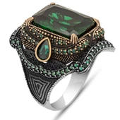 Yeşil Taşlı Dikdörtgen Tasarım 925 Gümüş Yüzük thumbnail 2