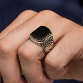 Siyah Oniks Taşlı Oyma Motif 925 Gümüş Erkek Yüzük - 6