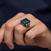 Aqua Mavi Taşlı Kare 925 Gümüş Erkek Yüzük thumbnail 2