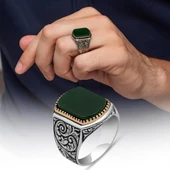 Yeşil Akik Taşlı Oyma Motif 925 Gümüş Erkek Yüzük thumbnail 1