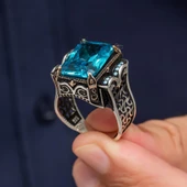 Aqua Mavi Taşlı Kare 925 Gümüş Erkek Yüzük thumbnail 8