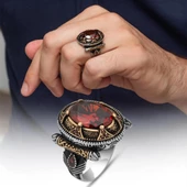 Oval Kırmızı Taşlı 925 Gümüş Erkek Yüzük thumbnail 1