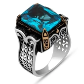 Aqua Mavi Taşlı Kare 925 Gümüş Erkek Yüzük thumbnail 1