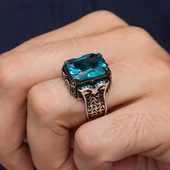 Aqua Mavi Taşlı Kare 925 Gümüş Erkek Yüzük thumbnail 6