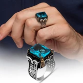 Aqua Mavi Taşlı Kare 925 Gümüş Erkek Yüzük thumbnail 4