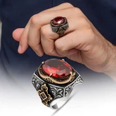 Kırmızı Taşlı 925 Gümüş Erkek Yüzük thumbnail 1