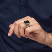 Siyah Oniks Taşlı Oyma Motif 925 Gümüş Erkek Yüzük - 4