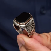 Siyah Oniks Taşlı Oyma Motif 925 Gümüş Erkek Yüzük - 5