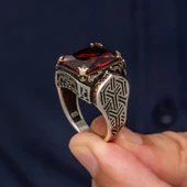 Kırmızı Taşlı Kare 925 Gümüş Erkek Yüzük - 4