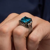 Aqua Mavi Taşlı Kare 925 Gümüş Erkek Yüzük thumbnail 3