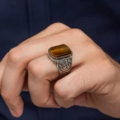 Kaplan Gözü Taşlı Oyma Motif 925 Gümüş Erkek Yüzük - 7