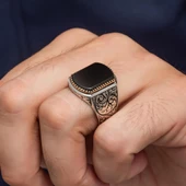 Siyah Oniks Taşlı Oyma Motif 925 Gümüş Erkek Yüzük - 7