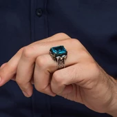 Aqua Mavi Taşlı Kare 925 Gümüş Erkek Yüzük thumbnail 5