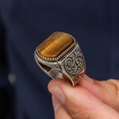 Kaplan Gözü Taşlı Oyma Motif 925 Gümüş Erkek Yüzük - 5