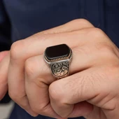 Siyah Oniks Taşlı Oyma Motif 925 Gümüş Erkek Yüzük - 3