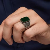 Yeşil Akik Taşlı Oyma Motif 925 Gümüş Erkek Yüzük thumbnail 6