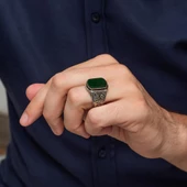 Yeşil Akik Taşlı Oyma Motif 925 Gümüş Erkek Yüzük thumbnail 7