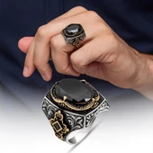Siyah Taşlı 925 Gümüş Erkek Yüzük - 1