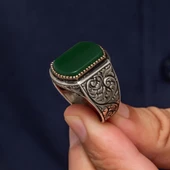 Yeşil Akik Taşlı Oyma Motif 925 Gümüş Erkek Yüzük thumbnail 4